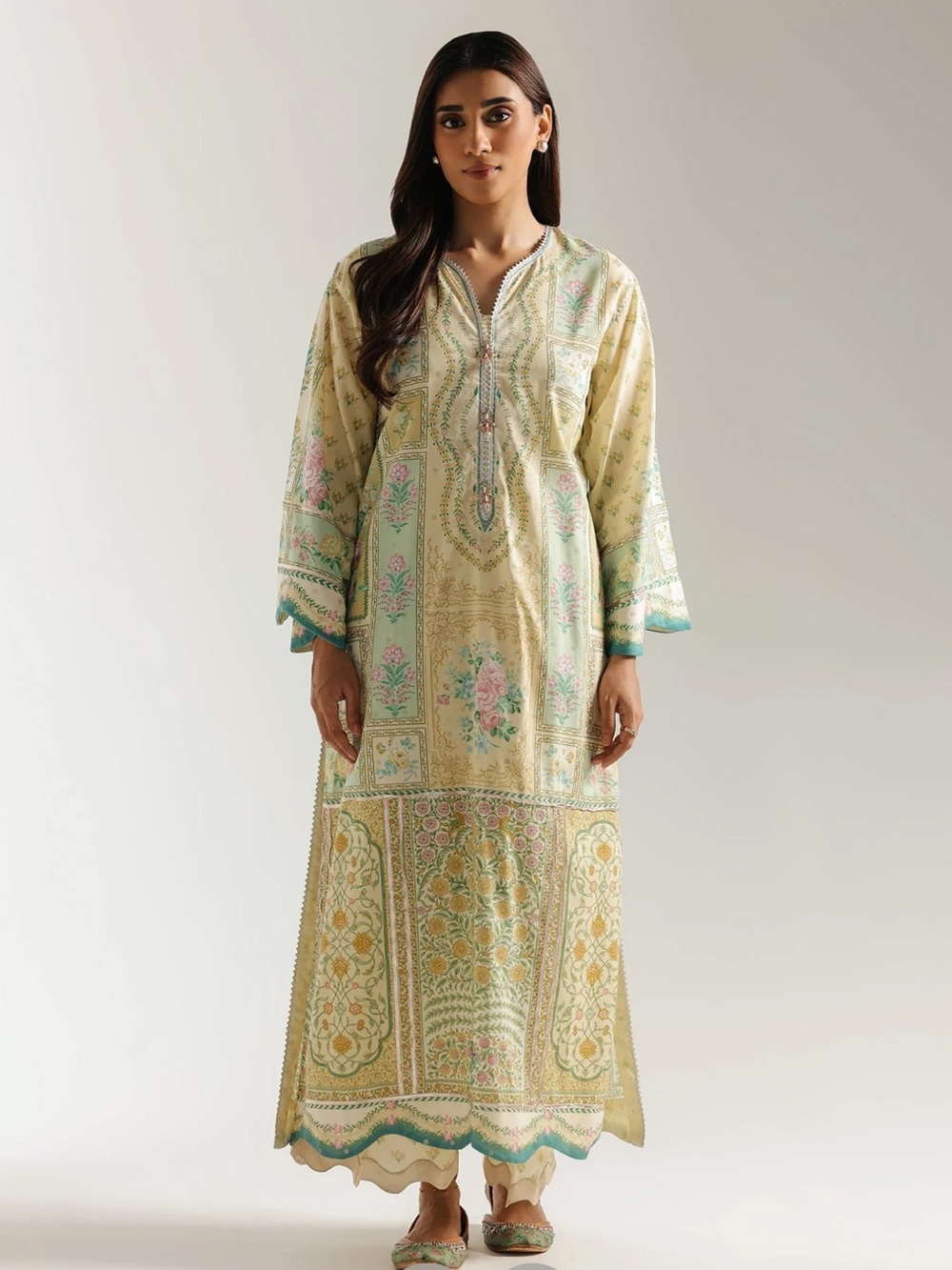 Ethnic Indian Wear Pastel Yellow Floral Embroidered Long Kurta